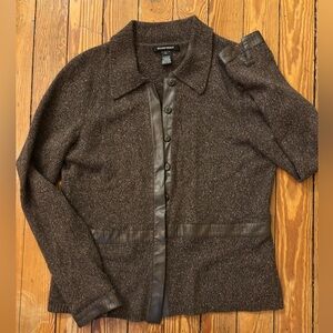 Ellen Tracy Brown Knit Cardigan with Leather Details